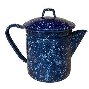 Vintage Enamelware Blue Speckled Coffee Tea Pot With Lid Small Water Handle 5.5"
